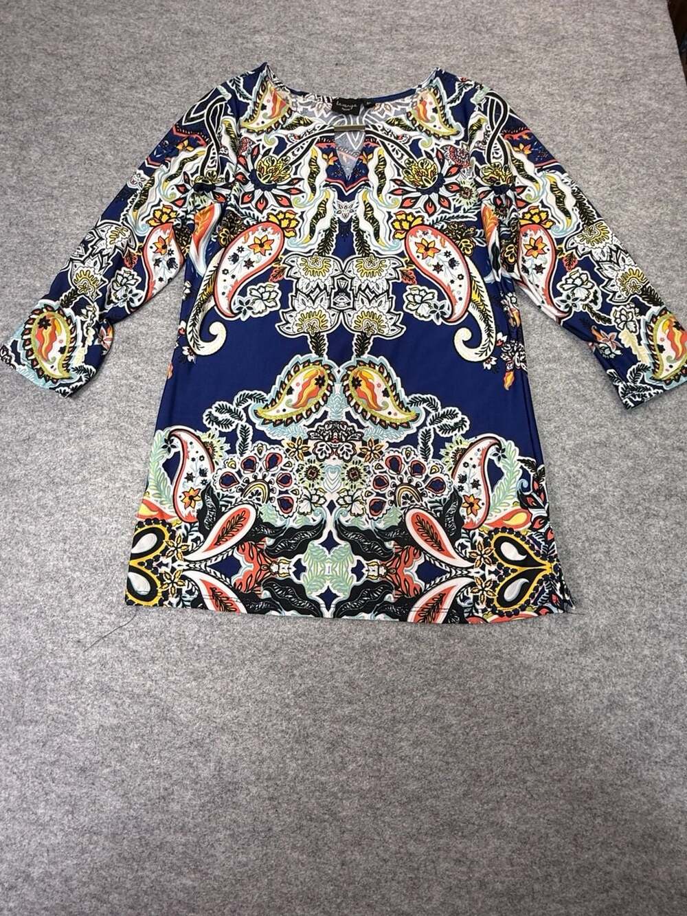 Lavanya Petite Navy Blue Paisley 3/4 Sleeve Blouse with Metal Neck Bar
